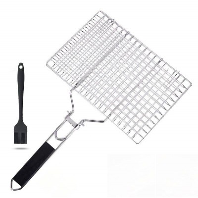 Portable Grilling Basket 430 Stainless Steel BBQ Barbecue Tools for Fish Vegetable Steak Meat Shrimp Chops with Brush